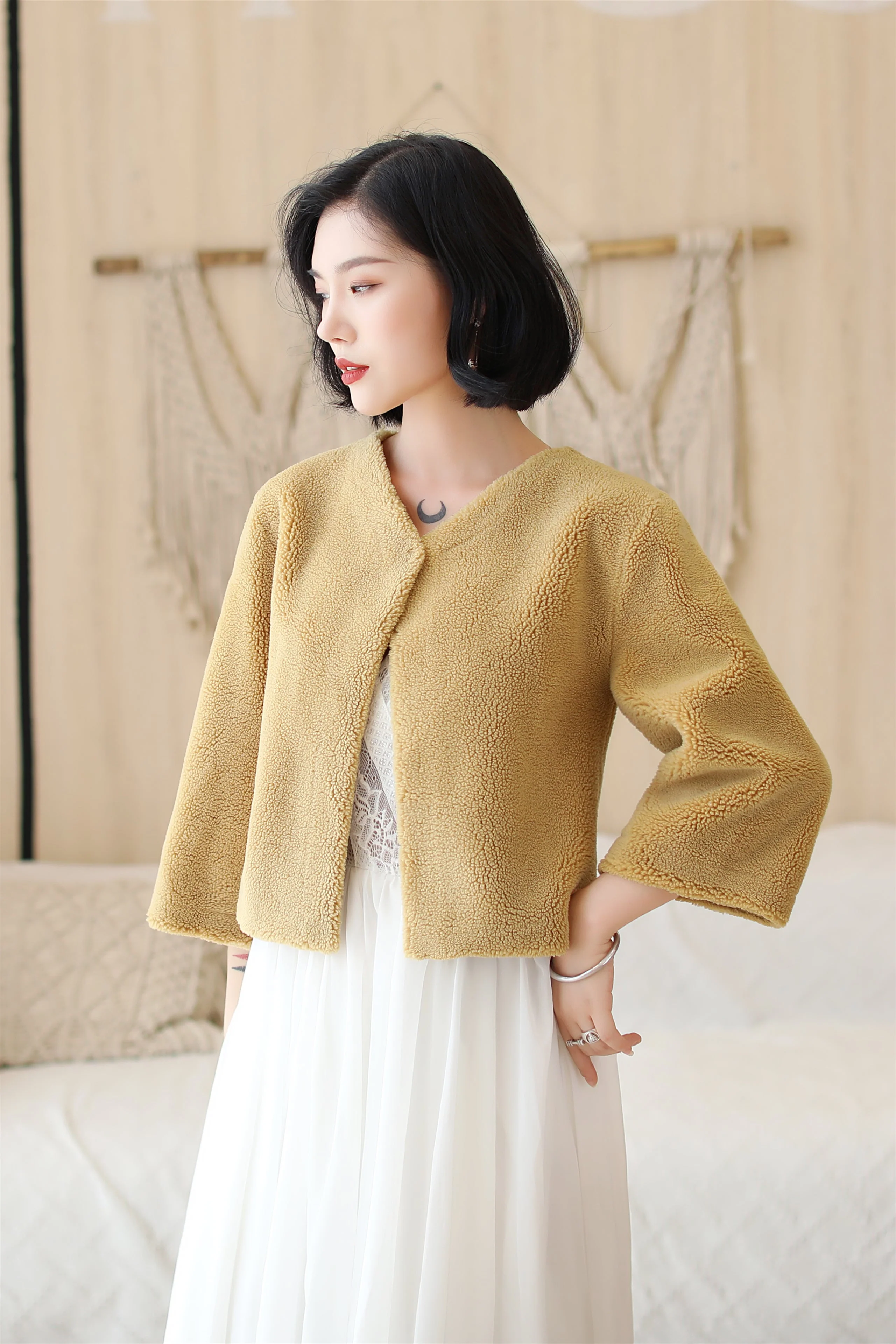 Khaki Faux Mink Fur Collarless Short Jacket & Wedding Shawl - Image 6