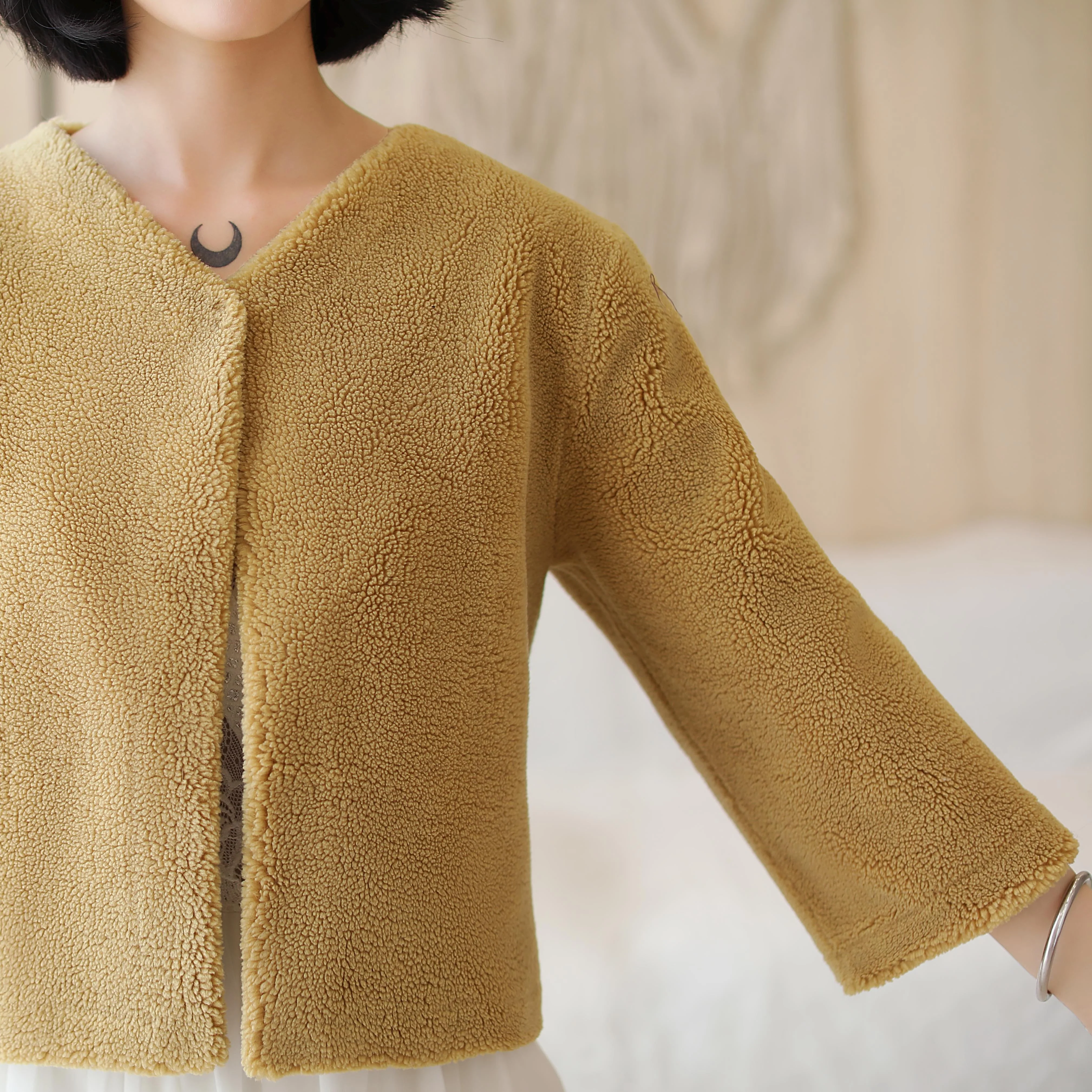 Khaki Faux Mink Fur Collarless Short Jacket & Wedding Shawl - Image 8