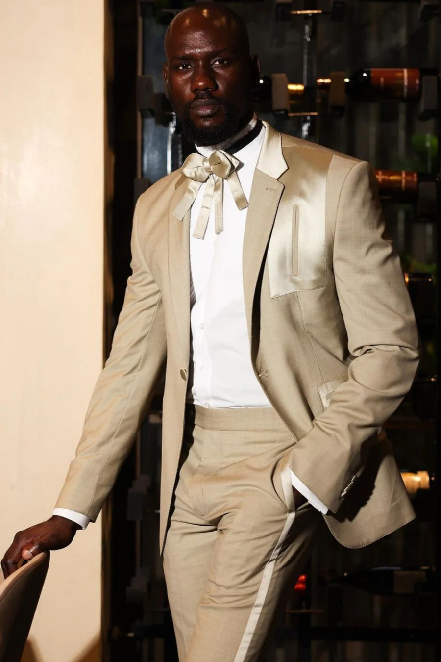 Khaki One-Button Prom Suit with Satin Trimmings - Image 2