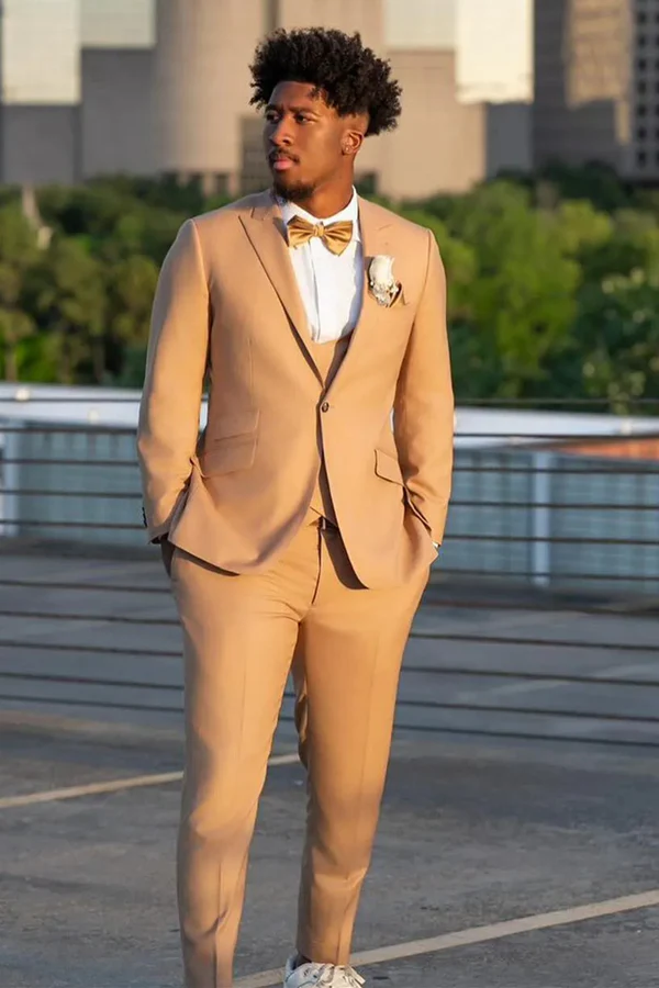 Khaki Peaked Lapel 3-Piece One-Button Prom Suit - Image 2