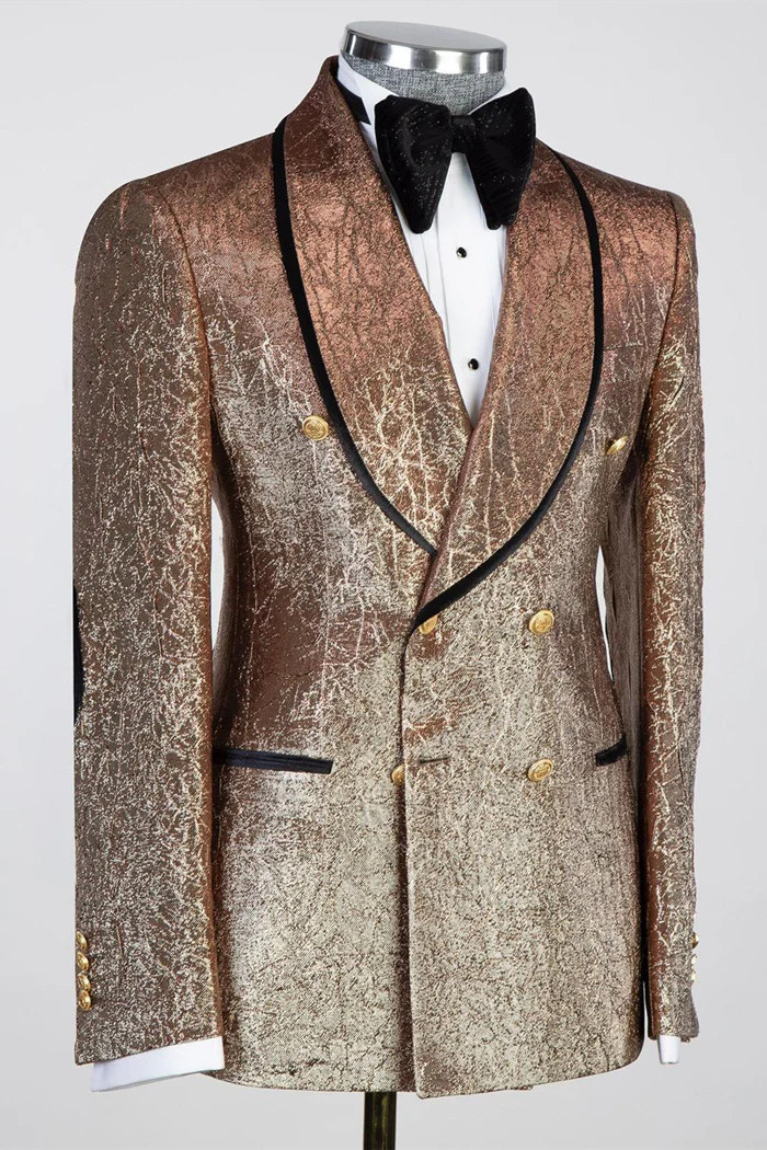 Khaki Shawl Lapel Jacquard Double-Breasted Wedding Suit - Image 2