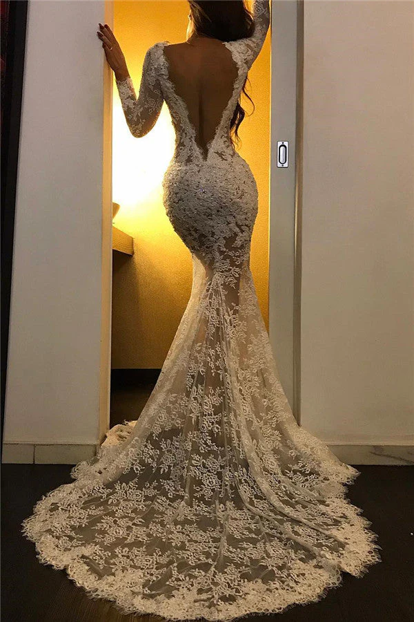 Lace Appliques Chic White Evening Dresses Long Sleeves Prom Dresses with Slit - Image 2