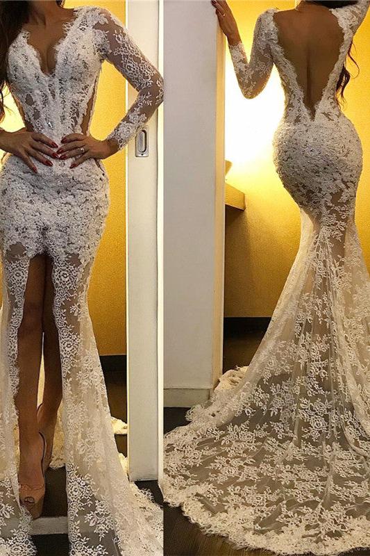 Lace Appliques Chic White Evening Dresses Long Sleeves Prom Dresses with Slit - Image 3