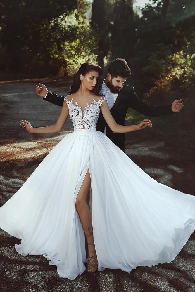 Lace Appliques Chiffon Wedding Dresses Modern Front Slit sheer Bride Dress - Image 2