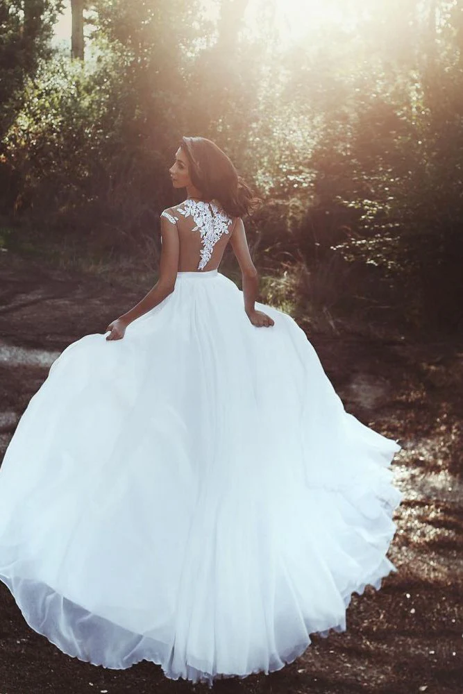 Lace Appliques Chiffon Wedding Dresses Modern Front Slit sheer Bride Dress - Image 3