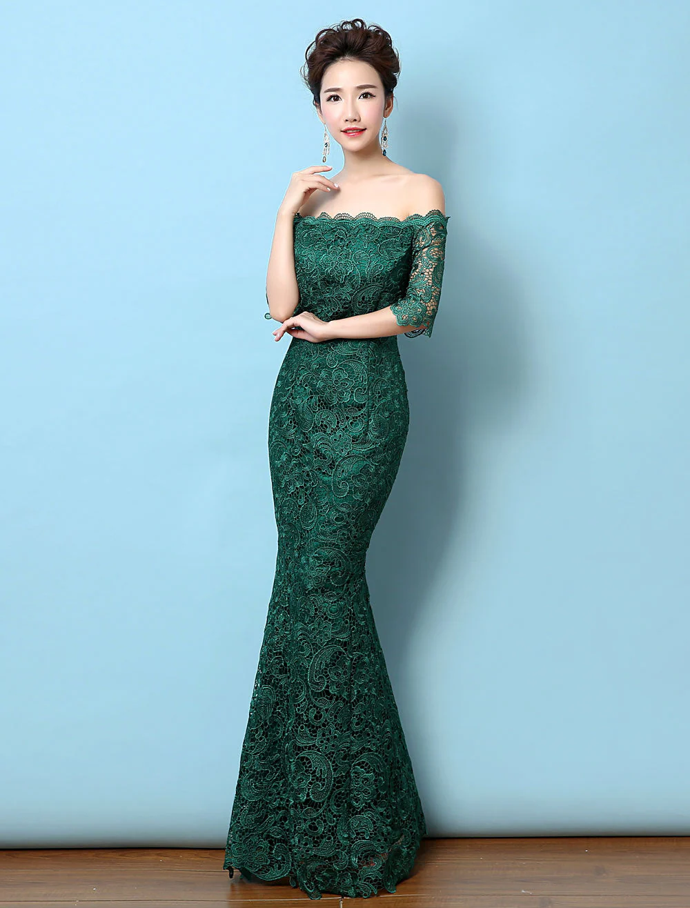 Stunning Lace Evening Dress Off The Shoulder Mermaid Party Dress Dark Green Half Sleeve Maxi Occasion Dress wedding guest dress - Image 2