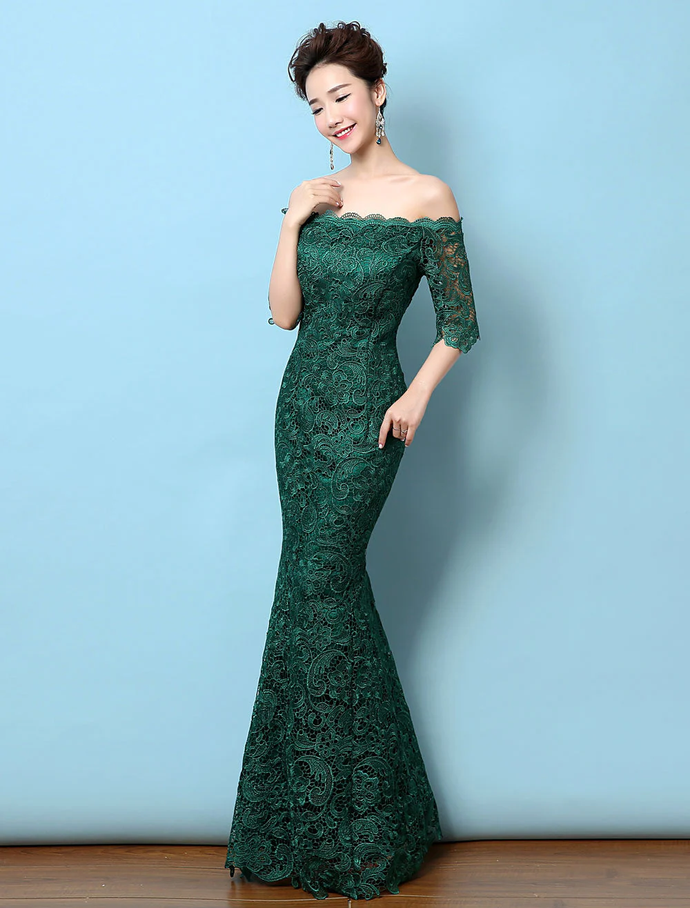 Stunning Lace Evening Dress Off The Shoulder Mermaid Party Dress Dark Green Half Sleeve Maxi Occasion Dress wedding guest dress - Image 3