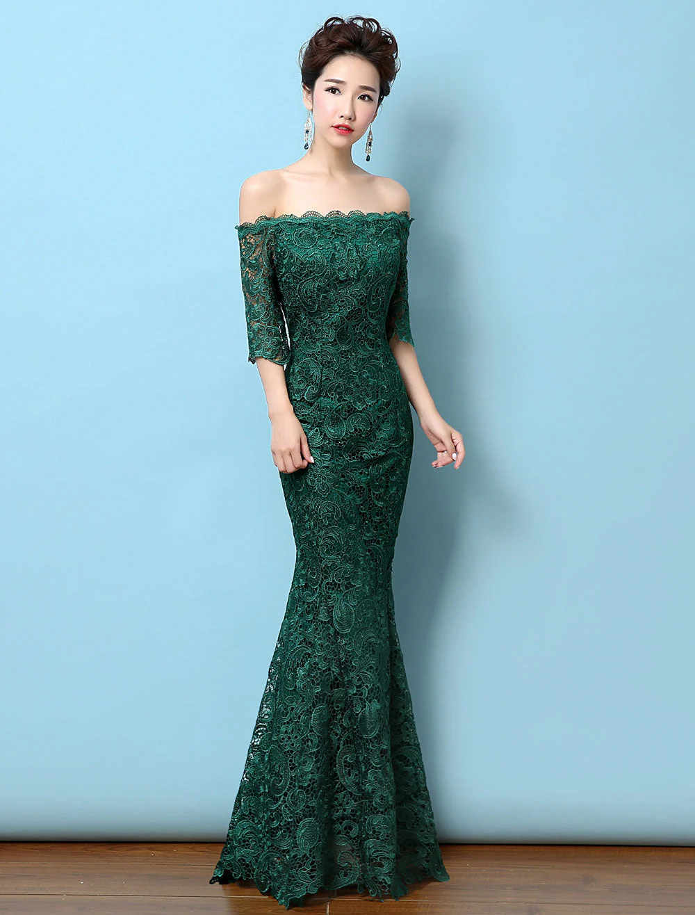 Stunning Lace Evening Dress Off The Shoulder Mermaid Party Dress Dark Green Half Sleeve Maxi Occasion Dress wedding guest dress - Image 4