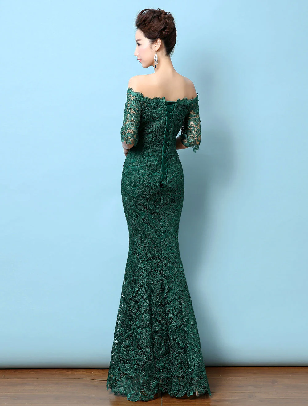 Stunning Lace Evening Dress Off The Shoulder Mermaid Party Dress Dark Green Half Sleeve Maxi Occasion Dress wedding guest dress - Image 5