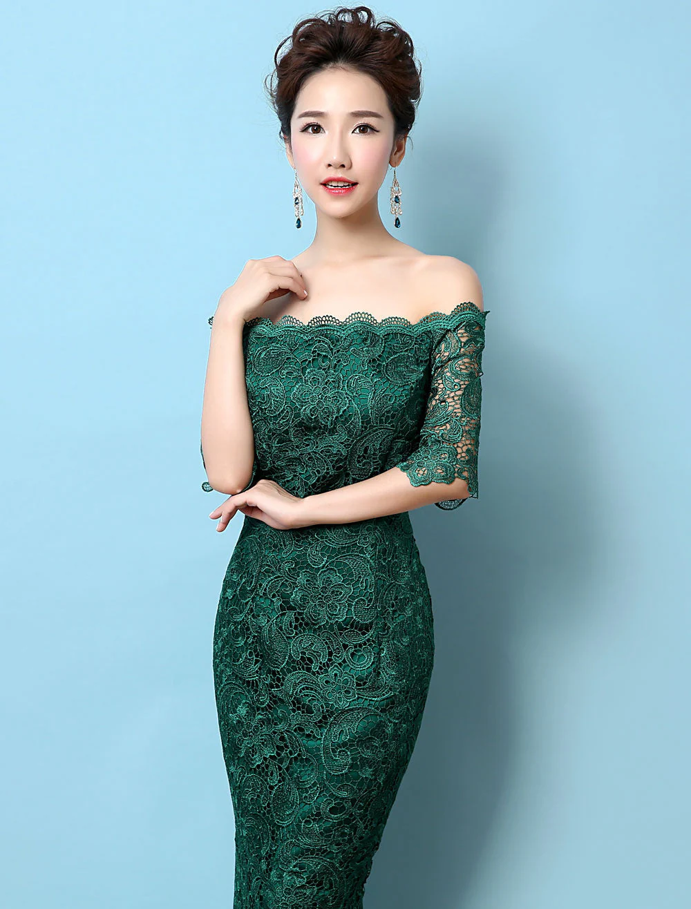 Stunning Lace Evening Dress Off The Shoulder Mermaid Party Dress Dark Green Half Sleeve Maxi Occasion Dress wedding guest dress - Image 6