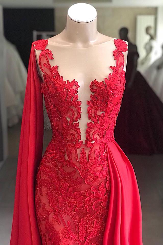 Lace Long Evening Dresses Sleeveless Red Prom Dresses with Cape - Image 2