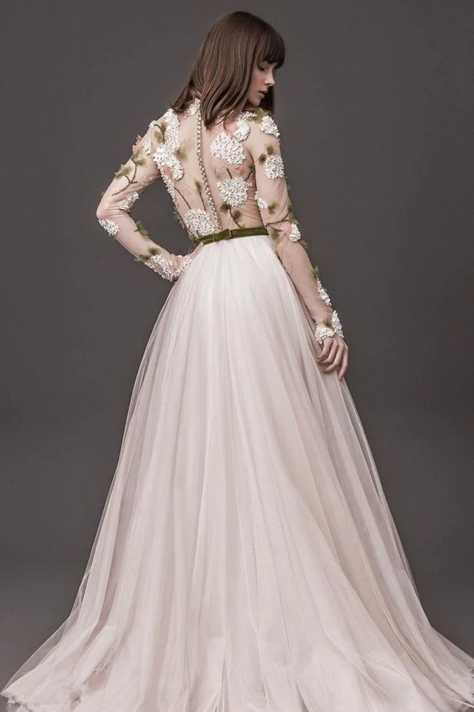 Lace Long Sleeves Floral A line Wedding Dresses Pleated Tulle Bridal Gowns Online - Image 2