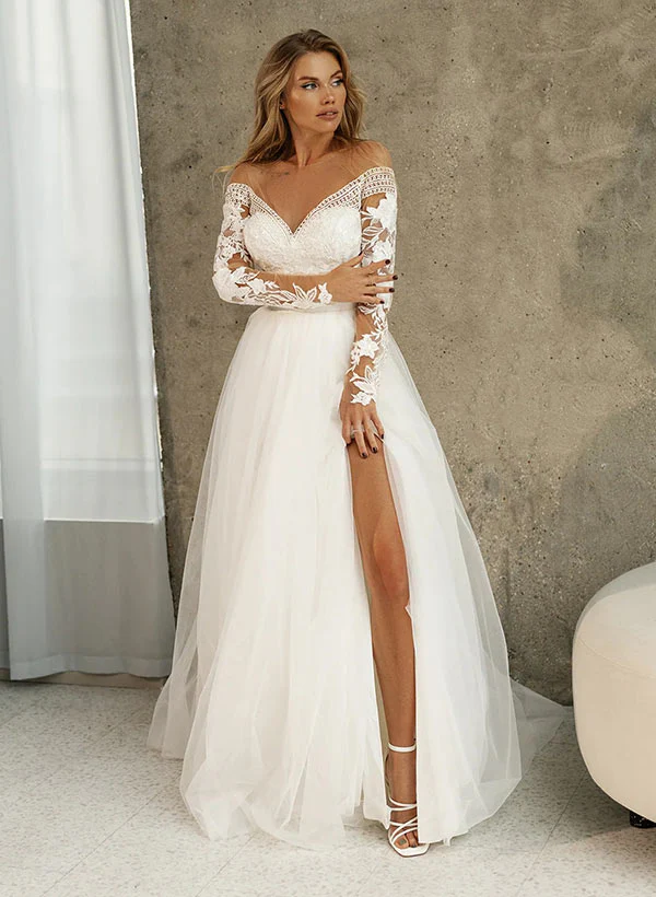 Lace Long Sleeves Wedding Dress Front Split - Image 2