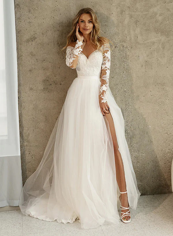 Lace Long Sleeves Wedding Dress Front Split - Image 3