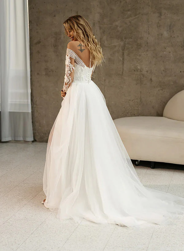 Lace Long Sleeves Wedding Dress Front Split - Image 4