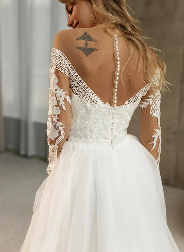 Lace Long Sleeves Wedding Dress Front Split - Image 5