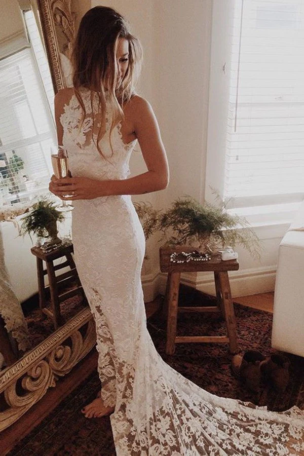 Lace Mermaid Sleeveless Halter Chapel Train Wedding Dresses - Image 3