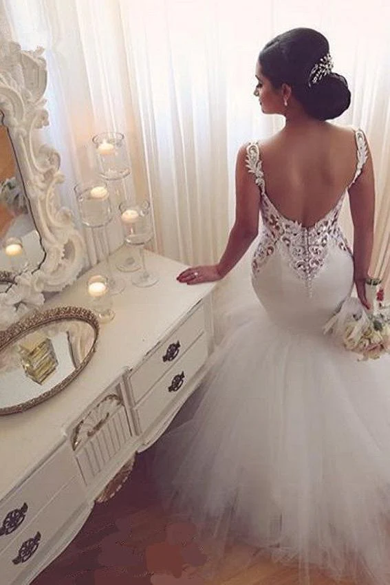 Lace Mermaid Tulle Bridal Gowns Open Back Sleeveless Modern Bridal Gowns Online - Image 4