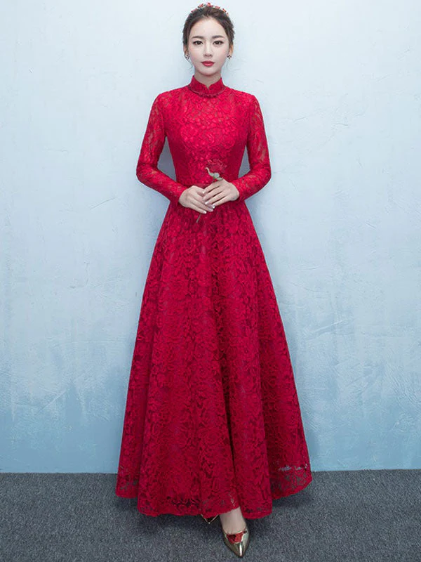 Glamorous Lace Mother Of The Bride Dress Burgundy High Collar Occasion Dress Long Sleeve A Line Wedding Guest Dresses - Image 2