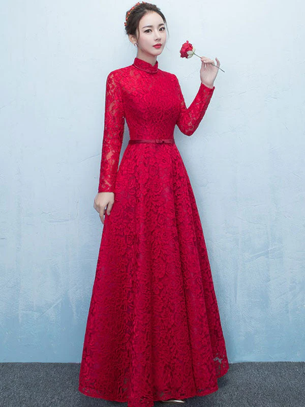 Glamorous Lace Mother Of The Bride Dress Burgundy High Collar Occasion Dress Long Sleeve A Line Wedding Guest Dresses - Image 3