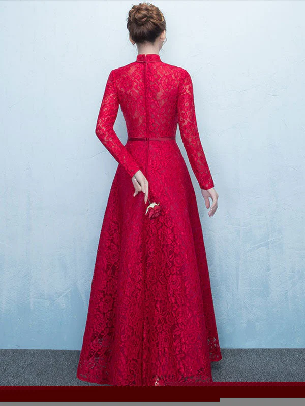 Glamorous Lace Mother Of The Bride Dress Burgundy High Collar Occasion Dress Long Sleeve A Line Wedding Guest Dresses - Image 4