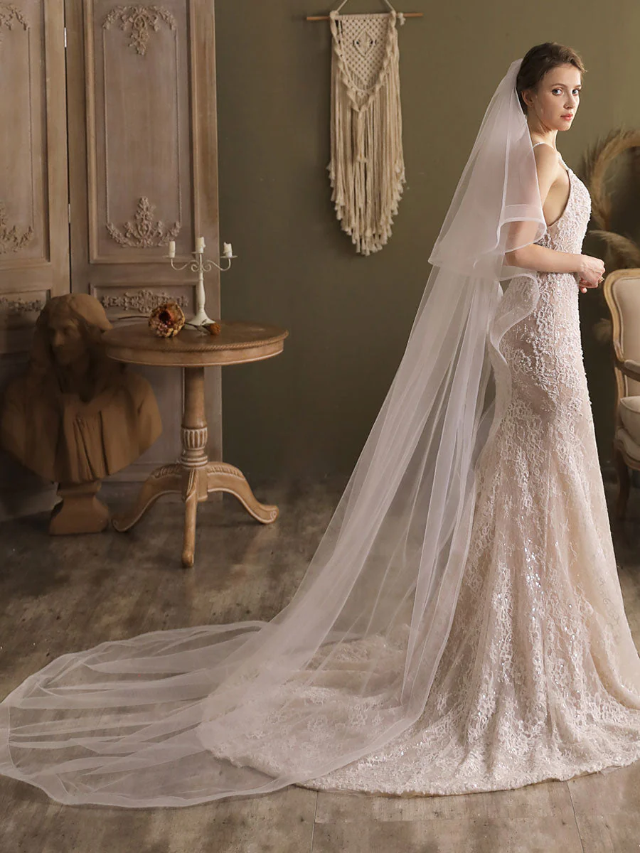 Lace One-Tier Tulle Veils Applique Waterfall Wedding Veils - Image 3