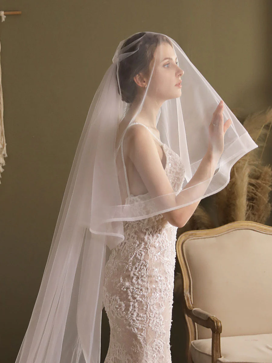Lace One-Tier Tulle Veils Applique Waterfall Wedding Veils - Image 4
