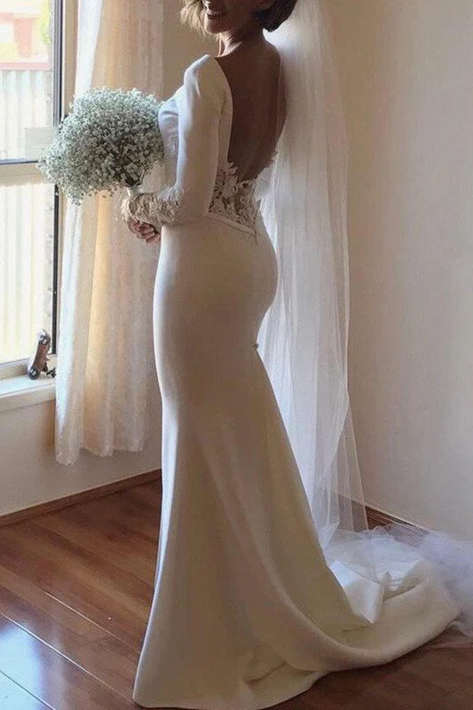 Lace Satin Long Sleevess Mermaid Scoop Court Train Wedding Dresses - Image 3
