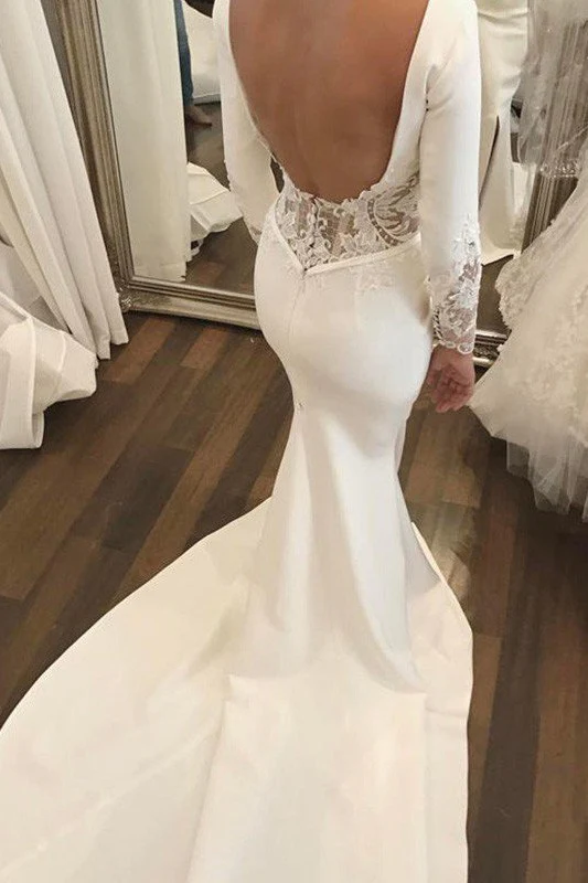 Lace Satin Long Sleevess Mermaid Scoop Court Train Wedding Dresses - Image 4
