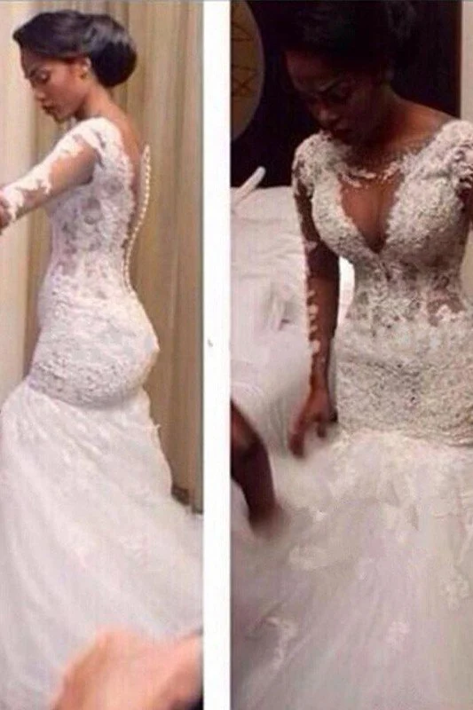 Lace Tulle Floor Length Mermaid V neck Long Sleevess Wedding Dresses - Image 2