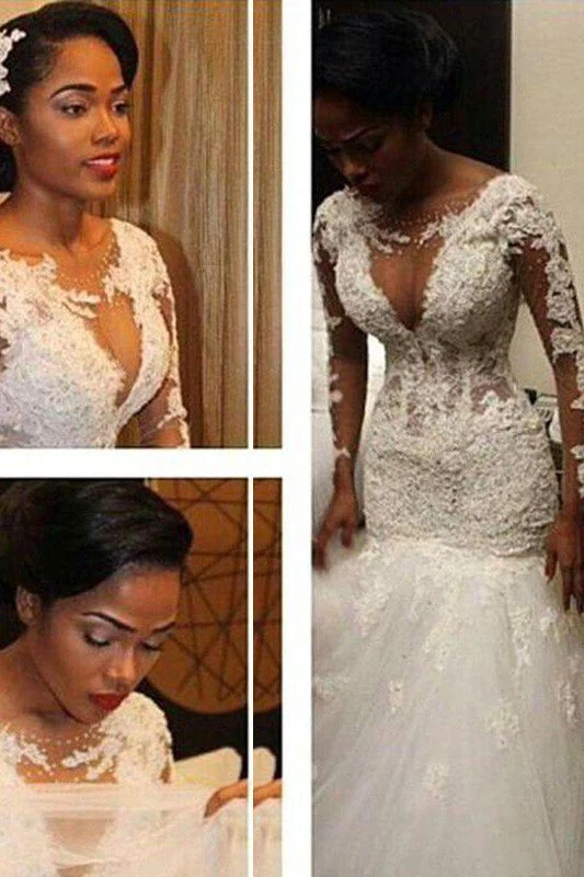 Lace Tulle Floor Length Mermaid V neck Long Sleevess Wedding Dresses - Image 3