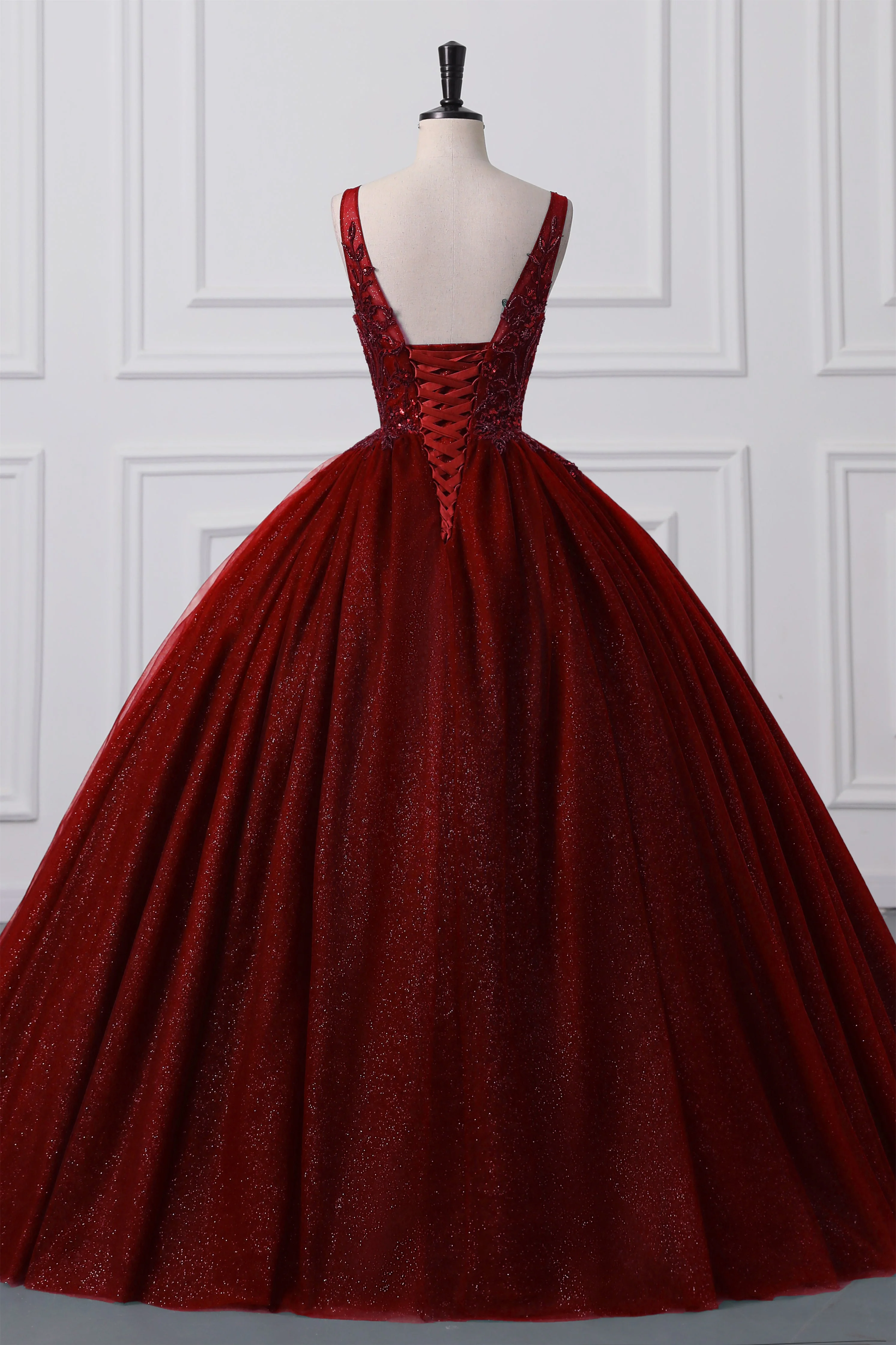 Lace-Up Sleeveless Sequins V-Neck Ball Gown Evening Dress - Image 9