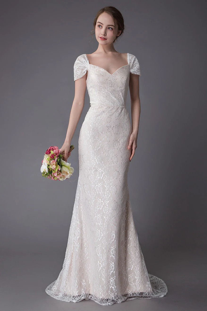 Lace Wedding Dress Vanilla Cream Sweetheart Short Sleeve Bridal Dress Mermaid Bridal Gown With Train Exclusive - Image 2