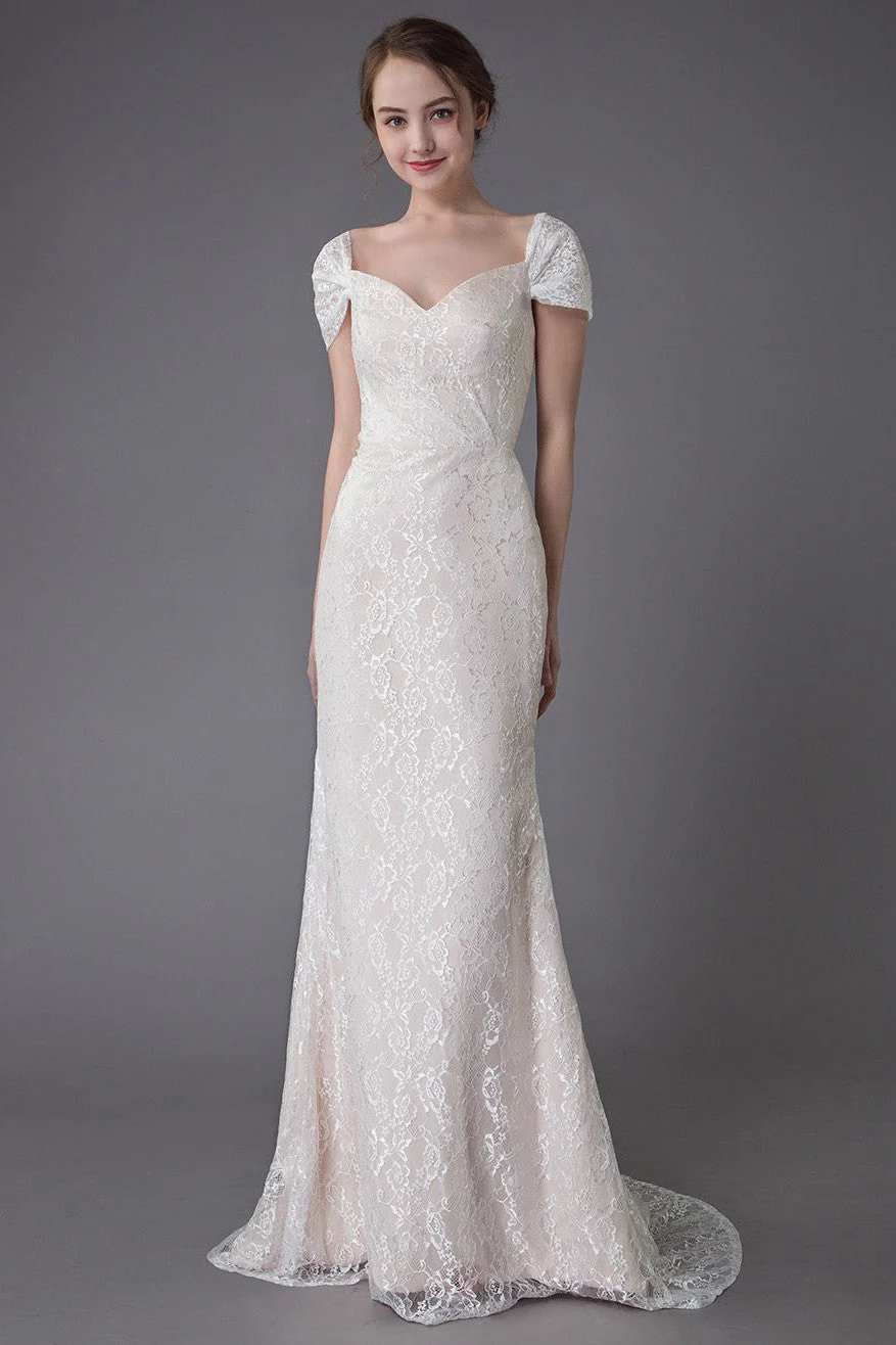 Lace Wedding Dress Vanilla Cream Sweetheart Short Sleeve Bridal Dress Mermaid Bridal Gown With Train Exclusive - Image 4