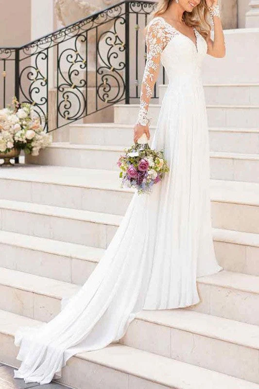 Lace Wedding Dresses Chiffon Chic V-Neck A-line Long Sleeve Lace Applique Beach Wedding Bridal Dress With Train Free Customization - Image 2