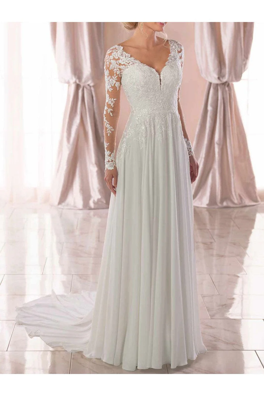 Lace Wedding Dresses Chiffon Chic V-Neck A-line Long Sleeve Lace Applique Beach Wedding Bridal Dress With Train Free Customization - Image 3