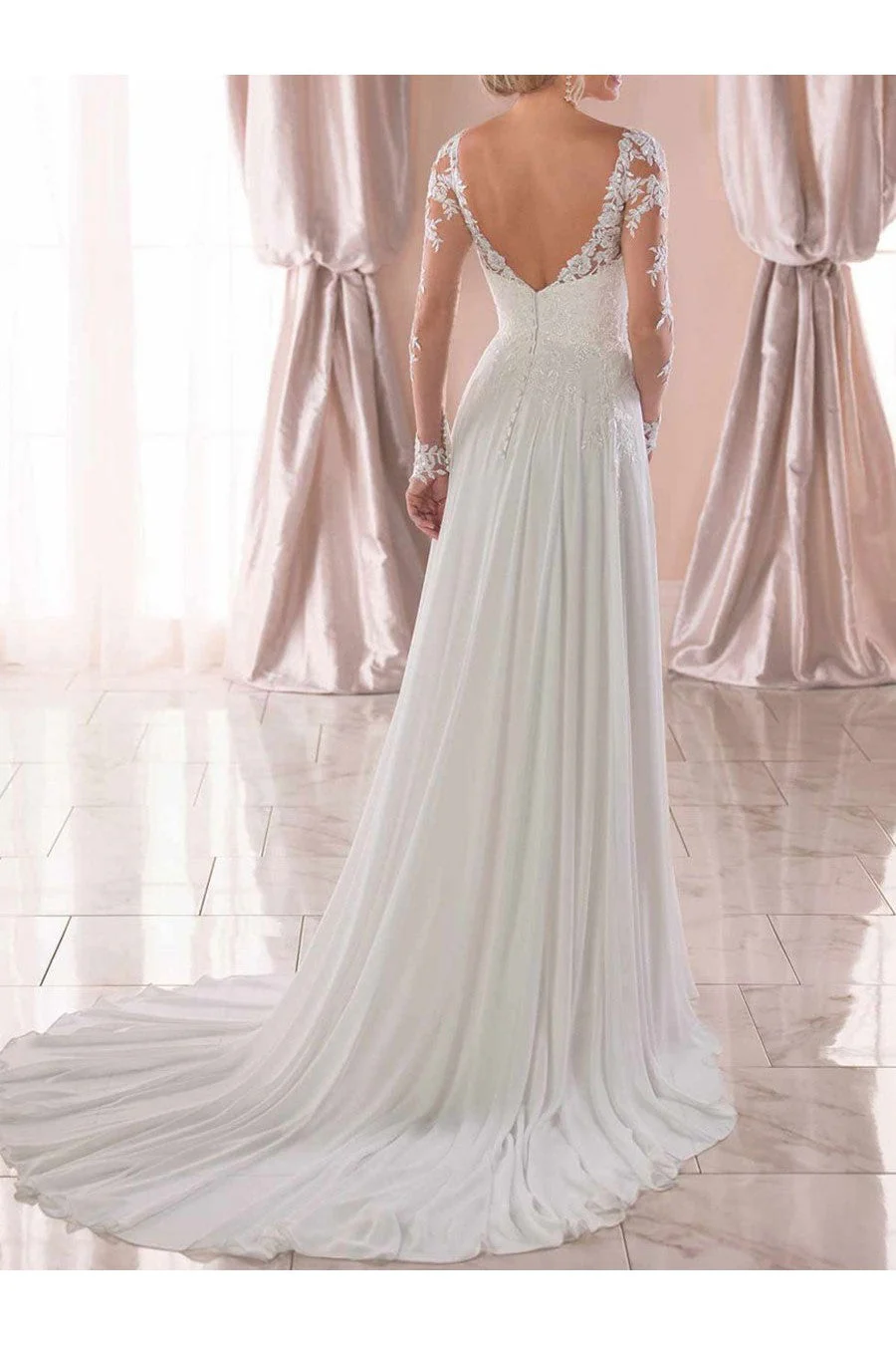 Lace Wedding Dresses Chiffon Chic V-Neck A-line Long Sleeve Lace Applique Beach Wedding Bridal Dress With Train Free Customization - Image 4