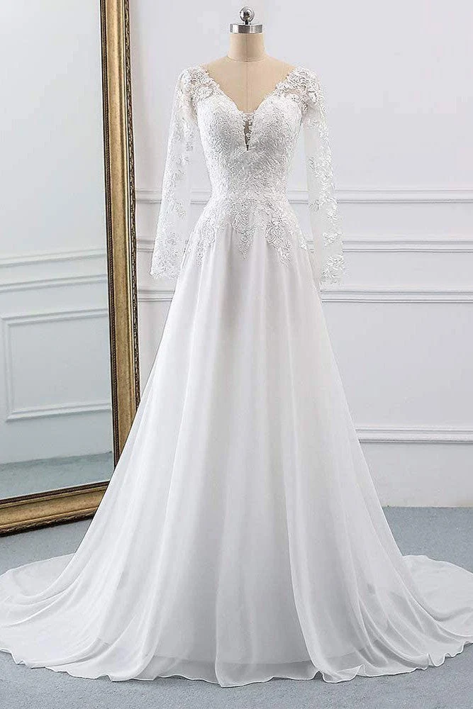 Lace Wedding Dresses Chiffon Chic V-Neck A-line Long Sleeve Lace Applique Beach Wedding Bridal Dress With Train Free Customization - Image 8