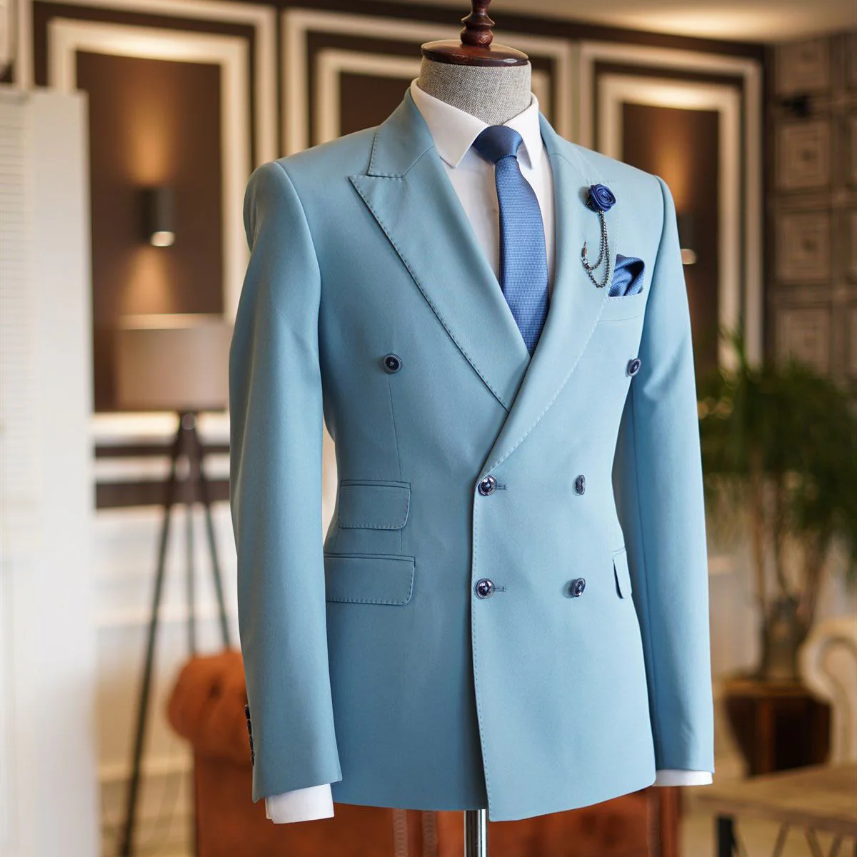Sky Blue Peaked Lapel Double Breasted Bespoke Men's Prom Suits - Image 2