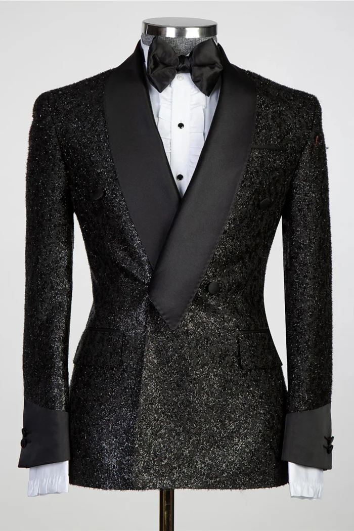 Lapel Sparkling Black Men's Suit with Ribbon Belt - Image 2