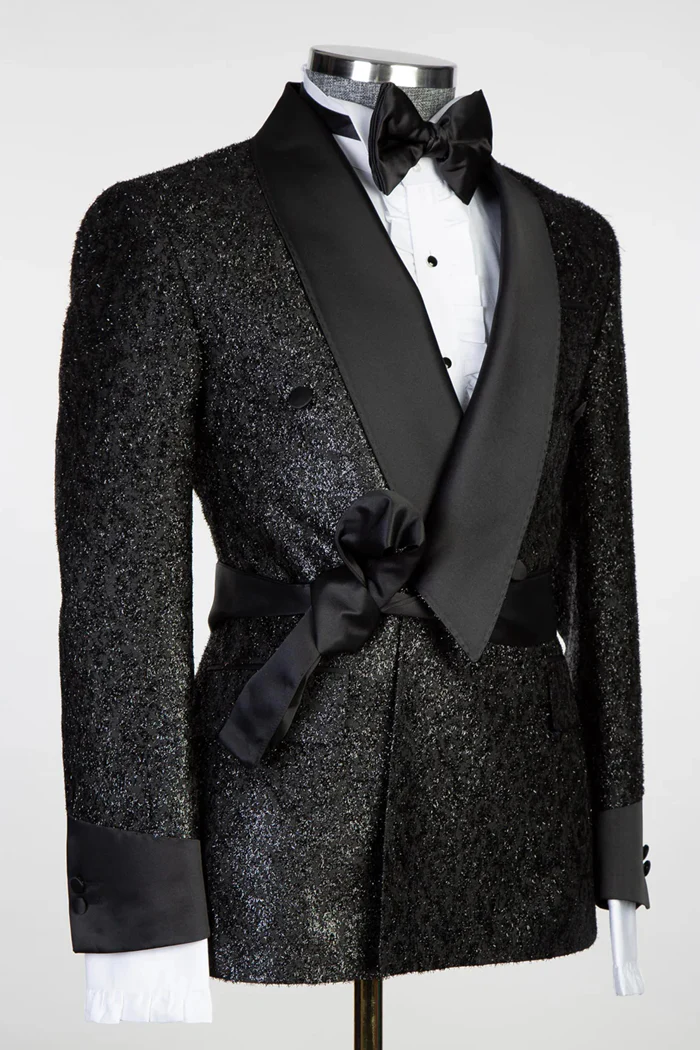 Lapel Sparkling Black Men's Suit with Ribbon Belt - Image 3