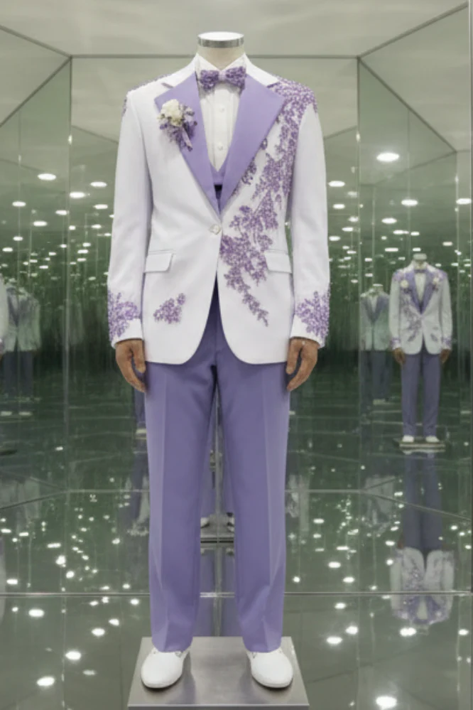 Latest White Purple One Button Prom Men Suit Notch Label With Gem - Image 2