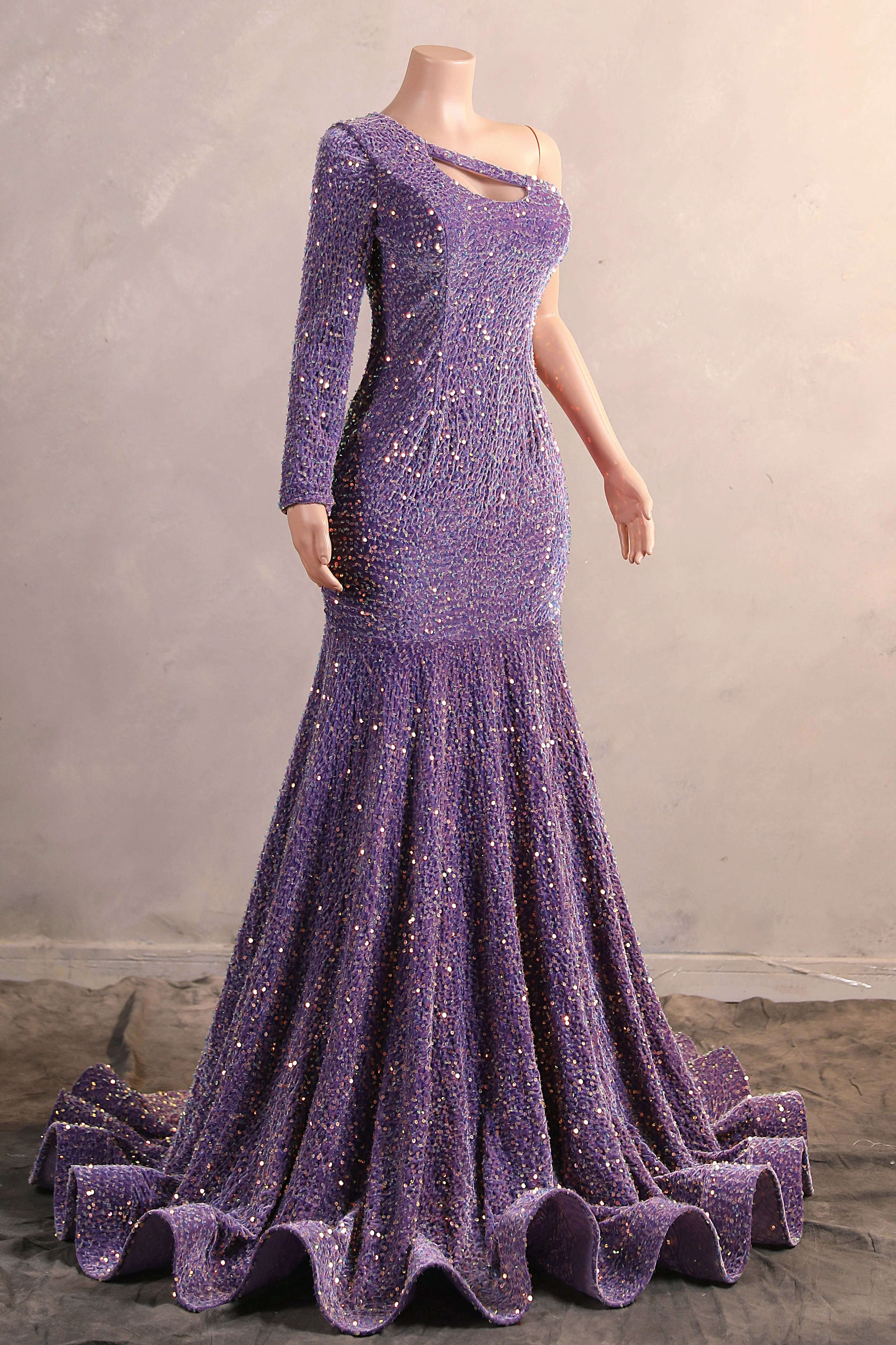 Lavender Purple One shoulder Long sleeves Keyhole sequin Prom Dresses - Image 4