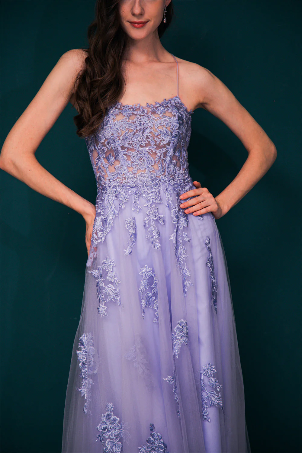 Lavender Spaghetti Strap Lace Appliques High split Prom Dress - Image 3