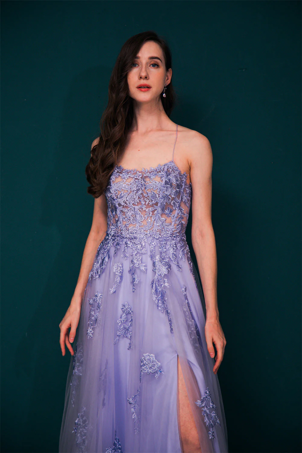 Lavender Spaghetti Strap Lace Appliques High split Prom Dress - Image 4