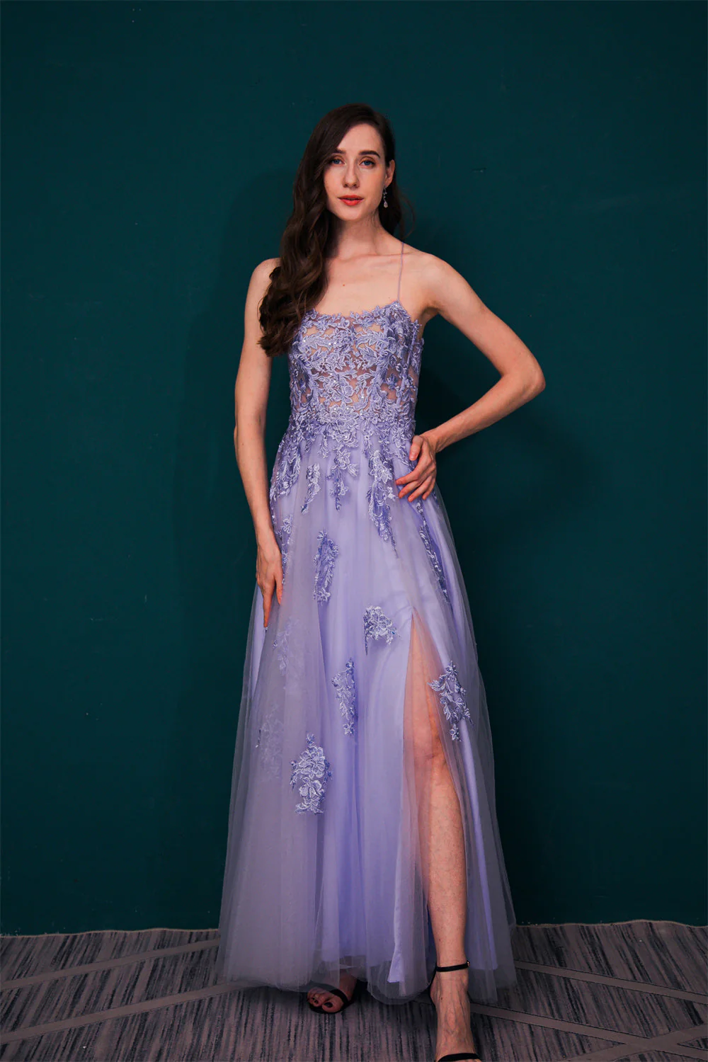 Lavender Spaghetti Strap Lace Appliques High split Prom Dress - Image 5
