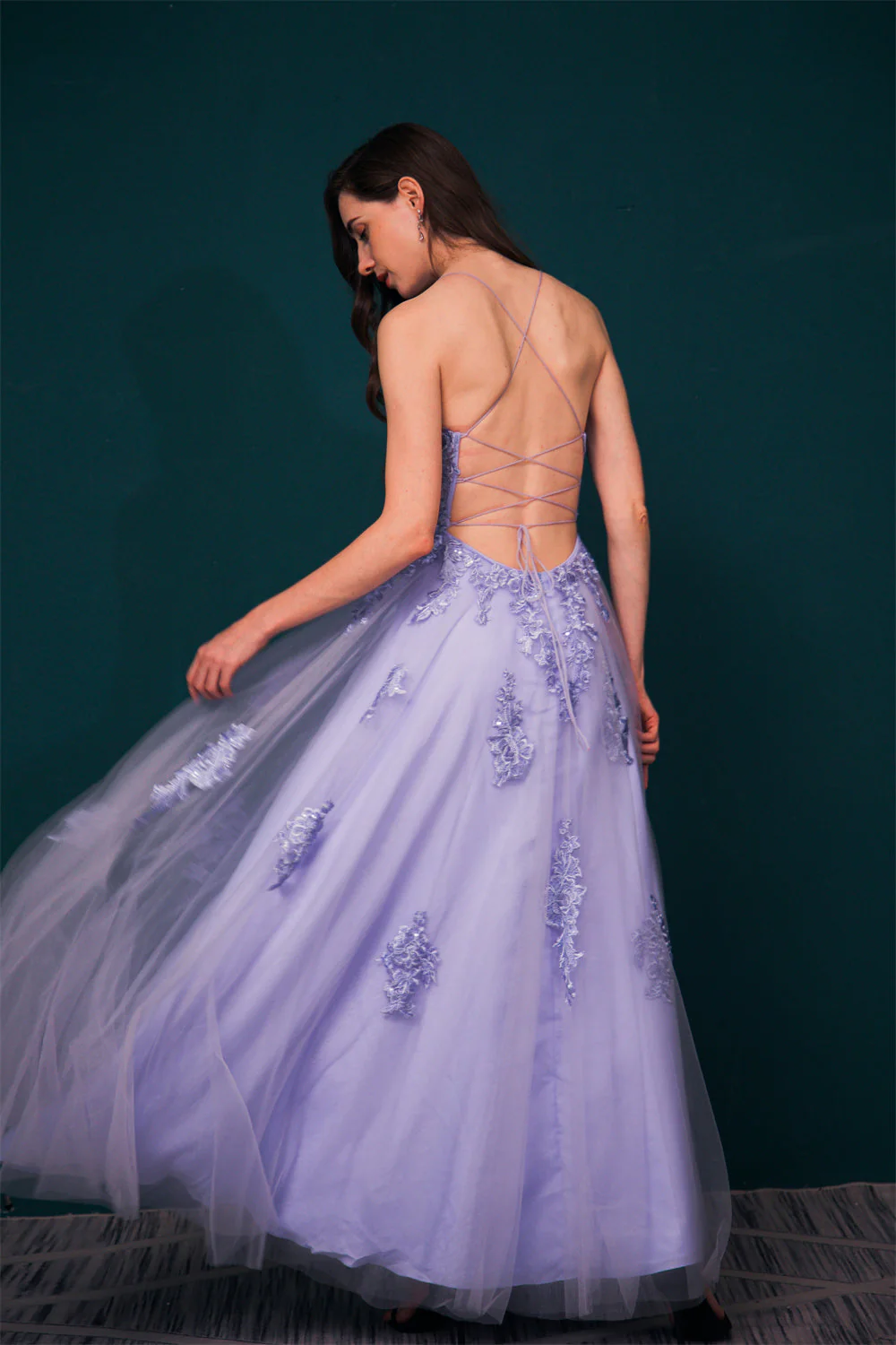 Lavender Spaghetti Strap Lace Appliques High split Prom Dress - Image 6