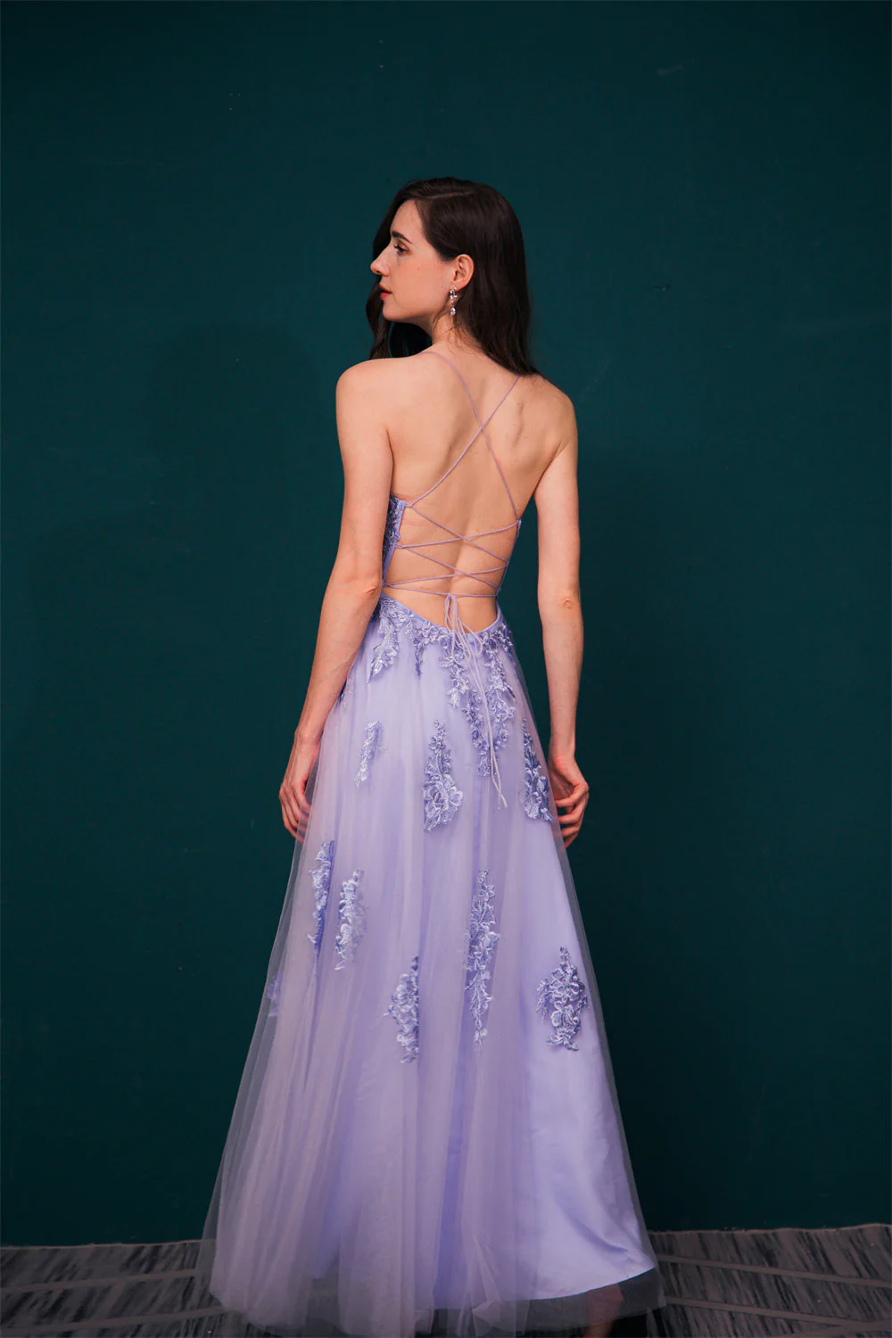 Lavender Spaghetti Strap Lace Appliques High split Prom Dress - Image 7