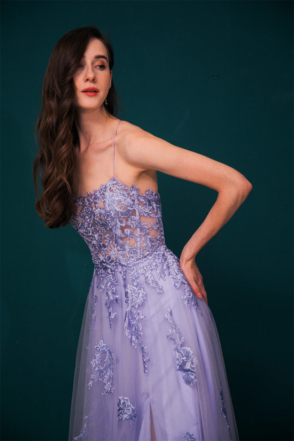 Lavender Spaghetti Strap Lace Appliques High split Prom Dress - Image 8