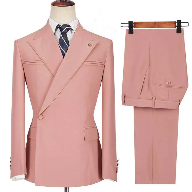 Pink Peaked Lapel Ruffles Designer Slim Fit Men's Prom Suits - Image 3